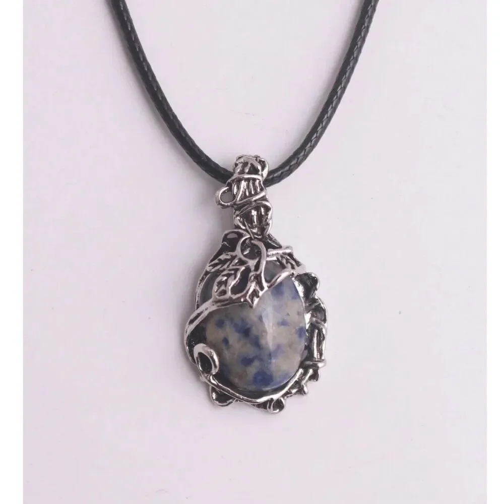 Natural Blue Sodalite Pendant Necklace Silver Wrapped Oval Gemstone Crystal Boho